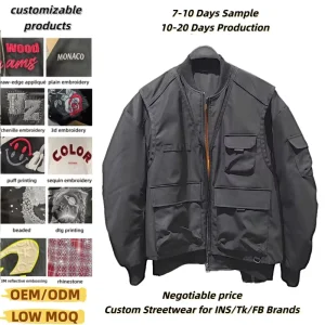 Custom 100% Polyester Drop Shoulder Sleeve Thick Winter Black Faux Two Piece Vest Outer Loose Fit Men’s Cargo Bomber Jacket