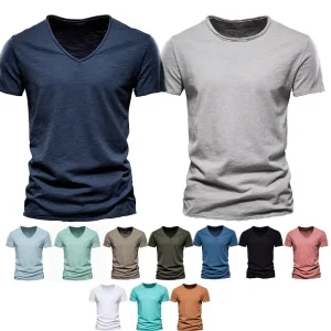 Custom 150gsm Lightweight O V Neck White Slub Cotton Tshirt Slim Fit T-shirt Blank Vintage Mens Slub Cotton T Shirt