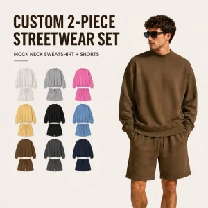 Custom 350gsm Heavyweight Mock Neck Sweatshirt Shorts Set Blank Men Streetwear Fleece Two Piece Shorts Set With Logo