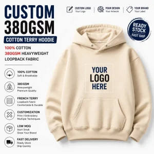 Custom 380gsm Heavyweight Hoodie 100% Cotton French Terry Pullover Sweatshirt With Logo Ready Stock 22 Colors OEM ODM