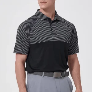 Custom 92% Polyester 8% Spandex Men’s Polo Shirts Striped Pattern Logo Short Sleeve Four-Way Stretch Breathable Sports Golf