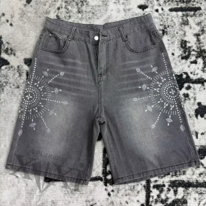 Custom Acid Wash Distressed Crystal Men’s Heavyweight Denim Shorts Vintage Baggy Rhinestones Jaen Jorts Streetwear Summer
