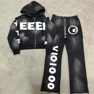 Custom Acid Wash Men’s Streetwear Faded Sun Print Pullover Hoodie and Sweatpants Set Embroidered 100% Cotton Fleece Fabric