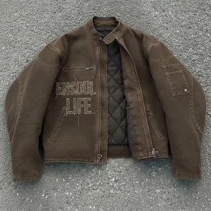 Custom Applique Acid Wash Cotton Thick Canvas Quilted Bomber Jacket Men Vintage Front Zip Up Worker Outdoor Winter