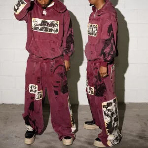 Custom Applique Embroidery Distressed 2 Piece Vintage Acid Wash Track Sweat Suit Men Jogger Sweatpants and Hoodie Set Tracksuit