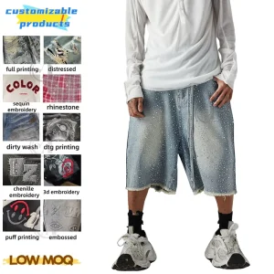 Custom Baggy Vintage Full Rhinestone Sun Faded Frayed Edges Knee Length Streetwear Summer Heavyweight Men’s Denim Shorts