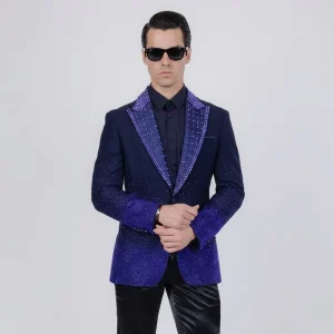 Custom Bespoke Men’s Anti-Wrinkle TR Slim Fit Single Breasted Tuxedo Blazer Shiny Rhinestone Jewels for Party Wedding Occasions