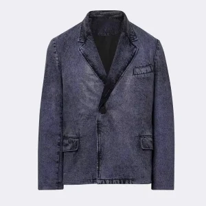 Custom Black Faded Oversize Fit Distressed Lined V Neck Single Button Closure Streetwear Windproof Denim Blazer Men’s Jacket