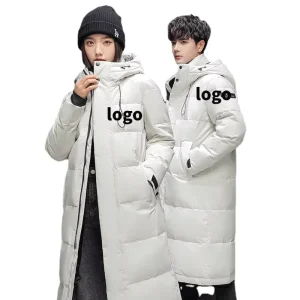 Custom Brand Comfortable Thickened White Duck Velvet Waterproof Zipper Closure Knee-Length Outerwear Unisex Long Hooded Jacket