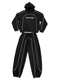 Custom Brand Men’s 2 Piece Solid 100% Cotton Tracksuit Set Hoodie Jogger Pants Piping Casual Sportswear Bulk Clothing