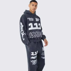 Custom Brand Men’s Jogging Sportswear High Waist Heavyweight Cotton Printed Tracksuit Bell Bottoms Loose Pants Hoodie Straight