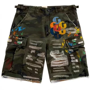 Custom Breathable Camo Heavyweight Denim Dark Wash Vintage Hip Hop High-Waist Distressed Jorts Men Shorts
