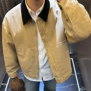 Custom Brown Blank Washed Men’s Vintage Autumn Cotton Ripstop Canvas Patchwork Front Zipper Boxy Fit Workwear Barn Detroit