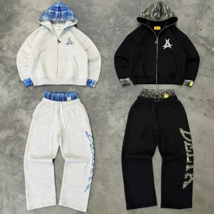 Custom Casual Breathable Knitted Heavyweight Double Waist Sweatpants Hoodie Set Men’s Oversized Digital Printing Zipper Up Hoodie