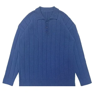 Custom Casual Cotton Knit Men’s Solid Polo Sweater Ribbed Knitted Pullover
