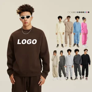 Custom Casual Men’s Crew Neck Sweatshirt Jogger Set Breathable Knitted Polyester Cotton Fleece 300g Heavyweight Silk Screen