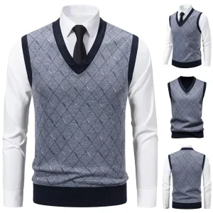 Custom Clothing Men’s Striped Jacquard Knit Sweater Formal College Vest Sleeveless V Neck Pullover Sweater Tops Knitted Vest Men