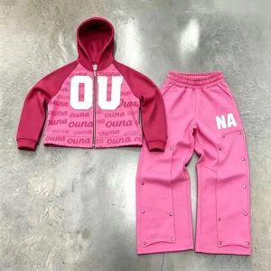 Custom Color Block Raglan Sleeve Cropped Zip Up Hoodie Streetwear Rivet Wide Leg Casual Pants Two Piece Set
