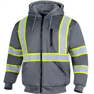 Custom Color Men’s ANSI Class 3 High Vis Safety Reflective Wool Fleece Zipper Sweatshirt Jacket Hoodie LED Flash for Workmen
