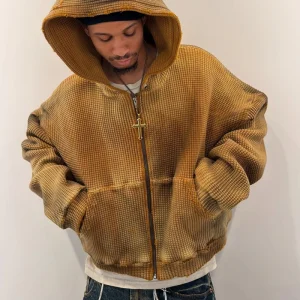 Custom Cotton Dirty Thermal Oversized Heavyweight Zip Up Waffle Knit Blank Vintage Distressed Acid Wash Hoodies Sweatshirt Men