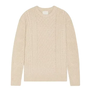 Custom Cotton Men’s Sweater OEM Cable Knit Crewneck Pullover Light Beige Ribbed Hem Casual Knitwear