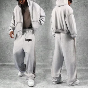 Custom Cotton Oversized Zipper Hoodie and Sweatspant Wide leg Pants Blank Jogging Sports Sets for Men