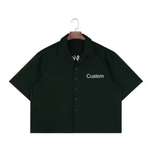 Custom Cotton Twill Cuban Collar Men’s Shirts Chain Embroidery Boxy Cropped Men Designer Shirt