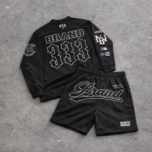 Custom Crew Neck Long Sleeves Black Tee Shirt and Mesh Short 2 Piece Set Summer Men’s Baggy Lightweight Sweat Suit