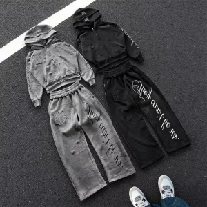 Custom DTG Print logo Oversize Vintage Distressed Acid Wash Hoodie and Sweatpants Set Plain Blank Men’s Cotton Tracksuit