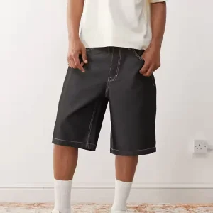Custom Denim Baggy Shorts in Coated Black Custom Men’s Denim Shorts Topstitched Wide Leg Jean in Summer Denim