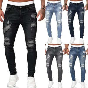 Custom Denim Casual Soft Men’s Jeans Mid Waist Skinny Jeans Ripped Hole Trousers