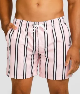 Custom Design Eco Friendly Fabric Pink Stripe Quick Dry With Pockets Elastic Waist Swim Trunks Men’s Beach Shorts