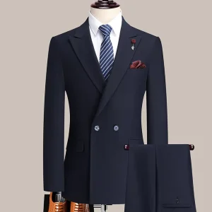 Custom Design Men’s Woolen Suit Set Business Casual Anti Wrinkle Double Breasted Solid Color 2 Piece Suit Set