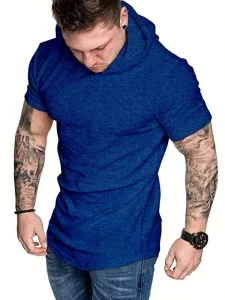 Custom Designed Men’s Oversized Short Sleeve Hoodie Breathable Elongated Collar Solid Color Winter Length Hoodie