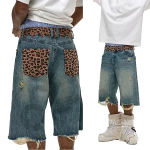 Custom Designer Men’s Denim Shorts Streetwear Casual Breathable Vintage Stonewashed Distressed Patchwork Leopard Print