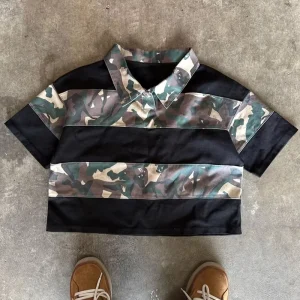 Custom Digital Printing Camouflage Patchwork Men’s T Shirt Heavyweight Cotton Camouflage Cropped Boxy T Shirt for Men Polo Shits