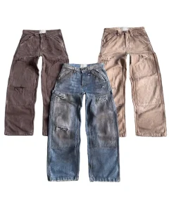 Custom Dirty Wash Wide Leg Double Knee Ripped Flared Vintage Distressed Carpenter Cargo Trousers Denim Pant Men’s Jeans