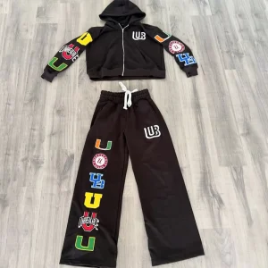 Custom Distressed Embroidery Baggy Zip Sweat Suit for Men Casual Flared Jogging Tracksuit Hoodie Sweatpants Men’s Casual Jogger
