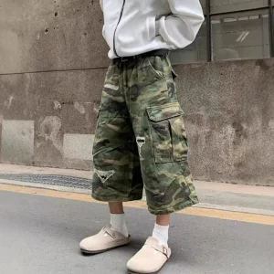 Custom Distressed Ripped All Over Print Camouflage Jorts Colored Wash Jeans Canvas Shorts For Men