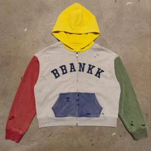 Custom Distressed Washed Color Block Thick Cotton Hoodies Men Screen Printed Oversized Zip Up Hoodie