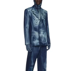 Custom Double Breasted Denim All Over Printed Casual Worsted Suit Jacket Men Blazer
