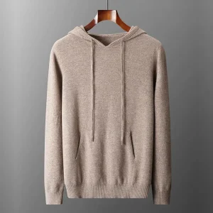 Custom Drawstring Wool Hoody Sweater Casual Pocket Cashmere Sweater Knitted Mens Wool Hoodie