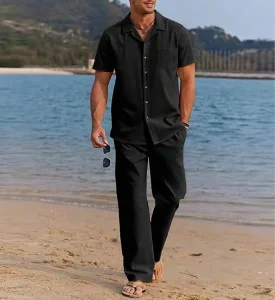 Custom Eco-Friendly Solid 100% Cotton Crew Neck Short Sleeve Shirt Casual Pants Two-Piece Men’s Summer Loose Fit Zipper Fly Side