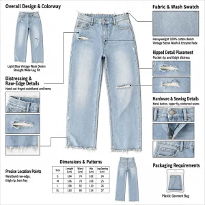Custom Embroidered Distressed Jeans Men Vintage Baggy Denim Pants Private Label Manufacturer