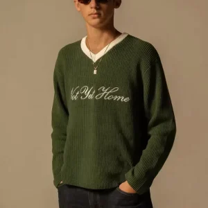 Custom Embroidered Logo Men’s 100% Cotton V Neck Knitted Sweater Vintage Winter Knitwear Casual Baseball Top