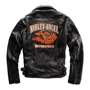 Custom Embroidered Men’s Genuine Leather Cowhide Coat Stylish Motorcycle Turn Down Collar Thick Jacket