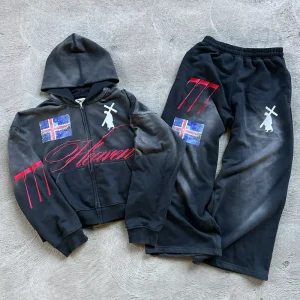 Custom Embroidered Patch Heavyweight Zip up Hoodie Acid Wash Vintage Sweat Pants Loose Fit Sweatpants and Hoodie Set Tracksuit
