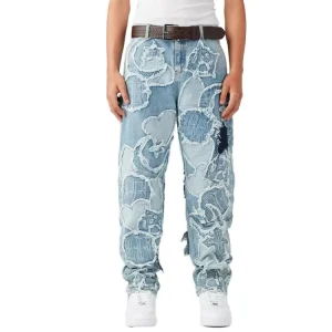 Custom Factory Denim Men’s Trousers Fashion Loose Pants Embroidered Logo Letters Patches Jeans