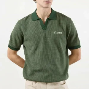 Custom Forest Green Men’s Knitted Polo Shirt with Puppytooth Men’s Vintage Knitted Short-sleeve Polo Shirt