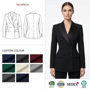 Custom GRS Certified Midnight Black Double Breasted Satin Lapel Wool Viscose 3D Embroidery Women’s Tuxedo Suit Le Smoking